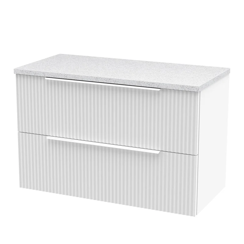 Hudson Reed Fluted Wall Hung 800mm Vanity Unit With 2 Drawers & Worktop - Satin White