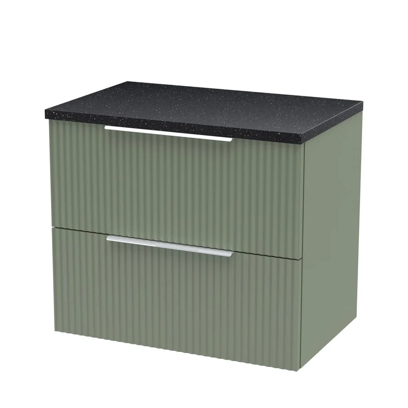 Hudson Reed Fluted Wall Hung 600mm Vanity Unit With 2 Drawers & Worktop - Satin Green