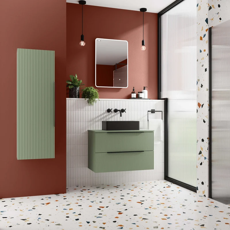 Hudson Reed Fluted Wall Hung 600mm Vanity Unit With 2 Drawers & Worktop - Satin Green