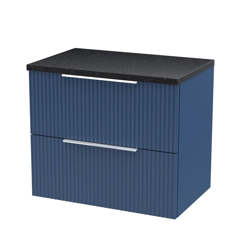 Hudson Reed Fluted Wall Hung 600mm Vanity Unit With 2 Drawers & Worktop - Satin Blue