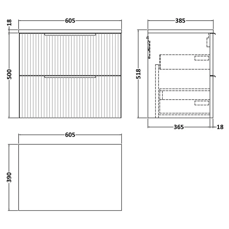 Hudson Reed Fluted Wall Hung 600mm Vanity Unit With 2 Drawers & Worktop - Satin Blue