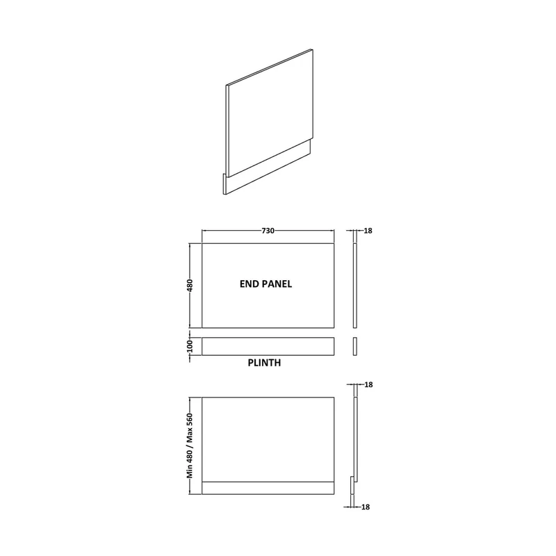 Nuie Bath Panels Straight End Panel & Plinth (750mm) Contemporary Gloss White MDF Painted Gloss 560x730x36mm