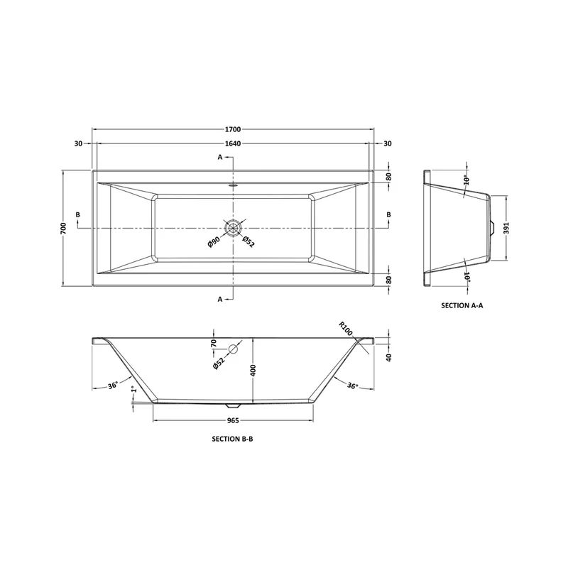 Nuie Asselby Eternalite Square Double Ended Bath 1700 X 700mm Contemporary White Acrylic Eternalite