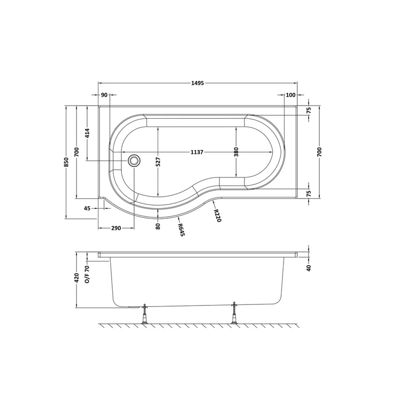 Nuie Shower Baths 1500mm Left Hand P-shaped Bath Contemporary White Acrylic 415x850x415mm