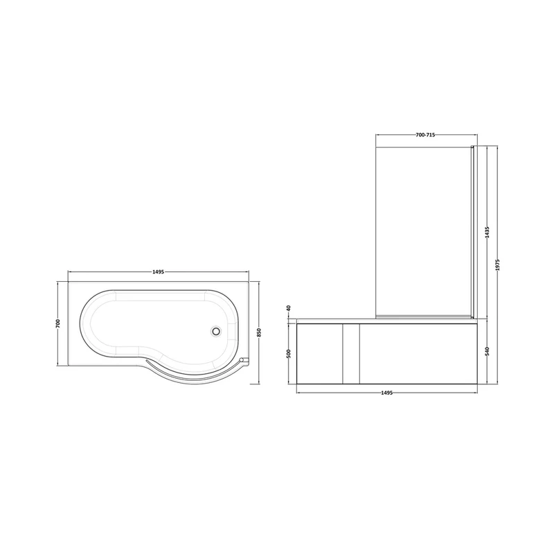 Nuie Shower Baths 1500mm Right Hand P-shaped Bath Set Contemporary White Acrylic
