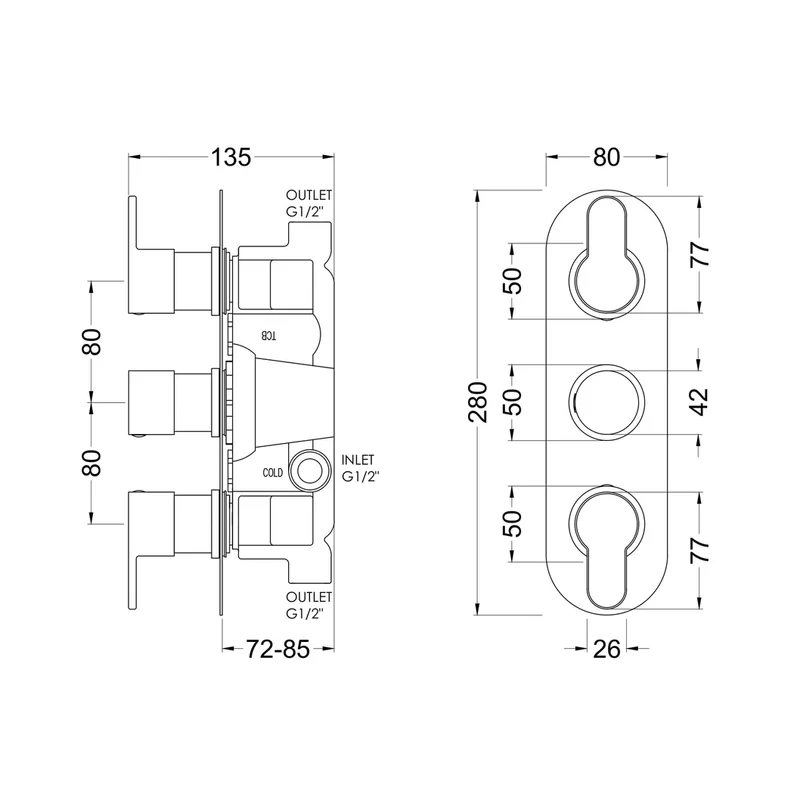Nuie Arvan Triple Thermostatic Valve Contemporary Brushed Pewter Brass ABS 280x80x136mm