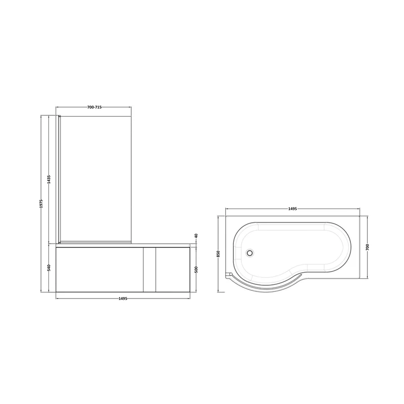 Nuie Shower Baths 1500mm Left Hand P-shaped Bath Set Contemporary White Acrylic