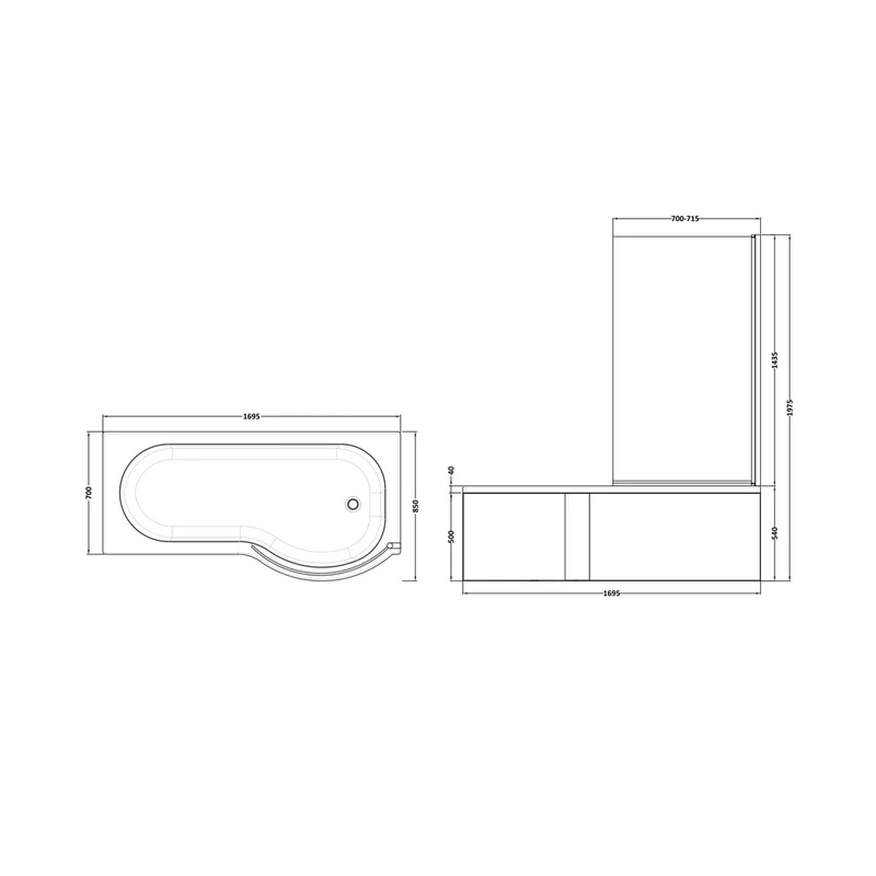 Nuie Shower Baths 1700mm Right Hand P-shaped Bath Set Contemporary White Acrylic