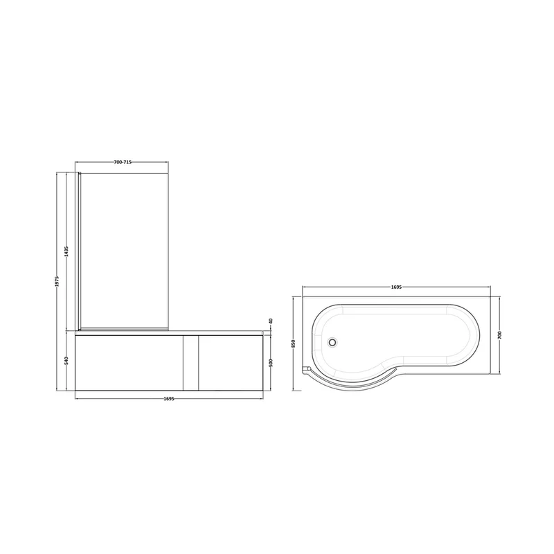 Nuie Shower Baths 1700mm Left Hand P-shaped Bath Set Contemporary White Acrylic,aluminium