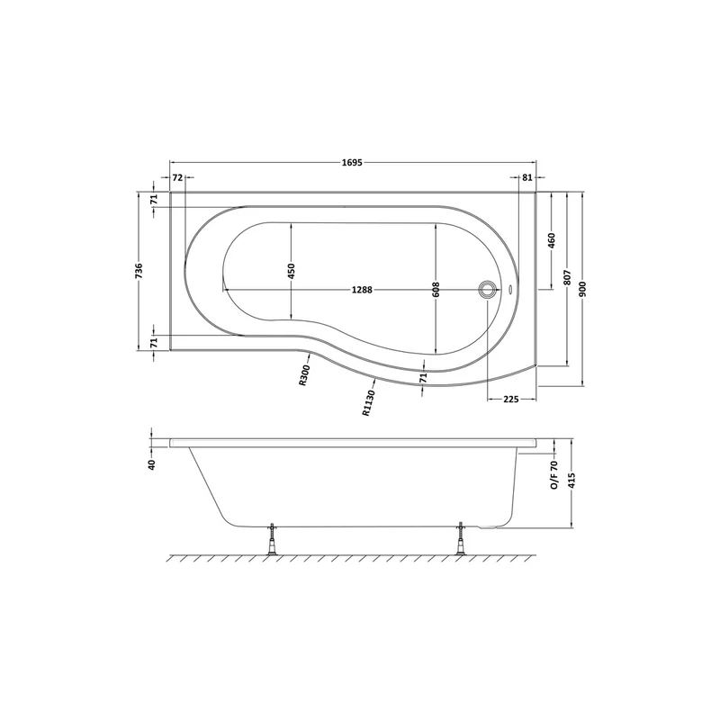 Nuie Shower Baths 1700mm Right Hand B-shaped Bath Contemporary White Acrylic 415x900x415mm