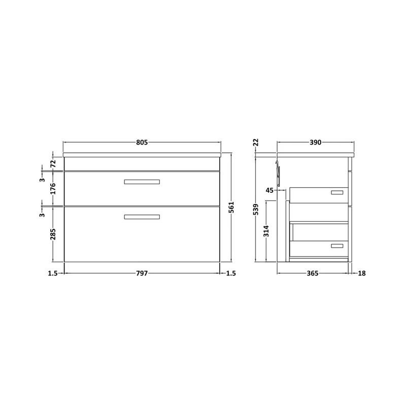 Nuie Athena 800mm Wall Hung Cabinet With Grey Worktop Contemporary Gloss Grey MFC Painted Gloss 560x805x390mm