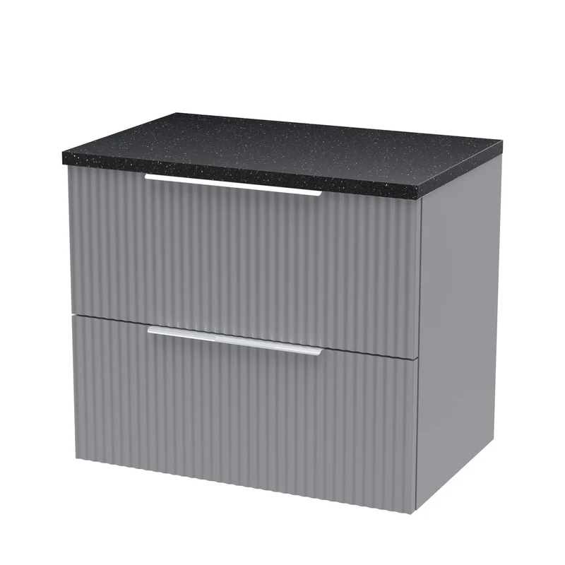 Hudson Reed Fluted Wall Hung 600mm Vanity Unit With 2 Drawers & Worktop - Satin Grey