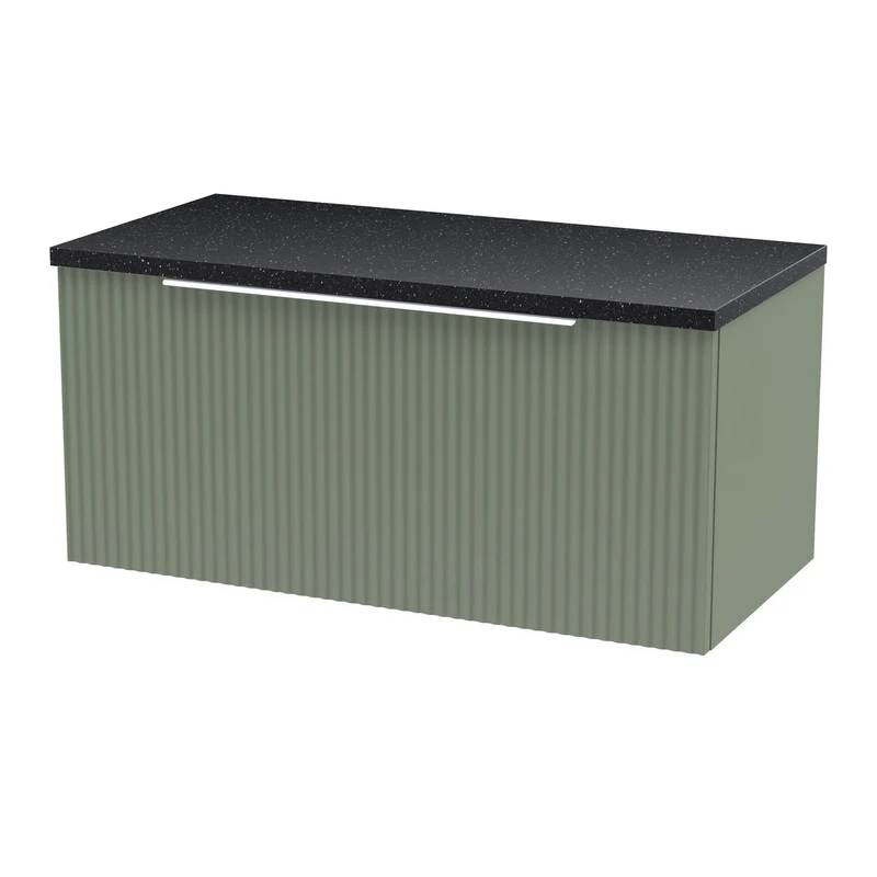 Hudson Reed Fluted Wall Hung 800mm Vanity Unit With 1 Drawer & Worktop - Satin Green