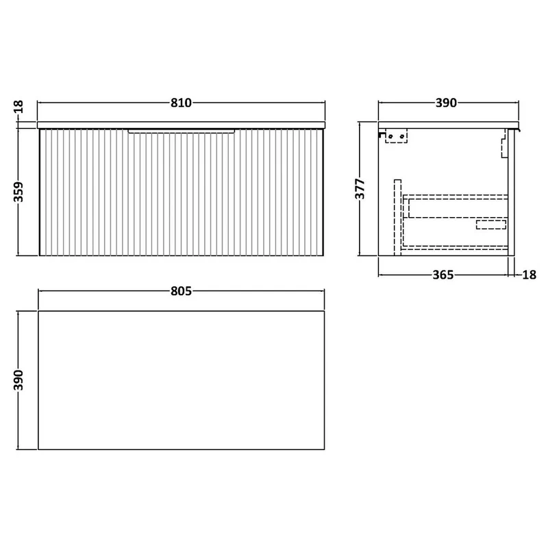 Hudson Reed Fluted Wall Hung 800mm Vanity Unit With 1 Drawer & Worktop - Satin Green
