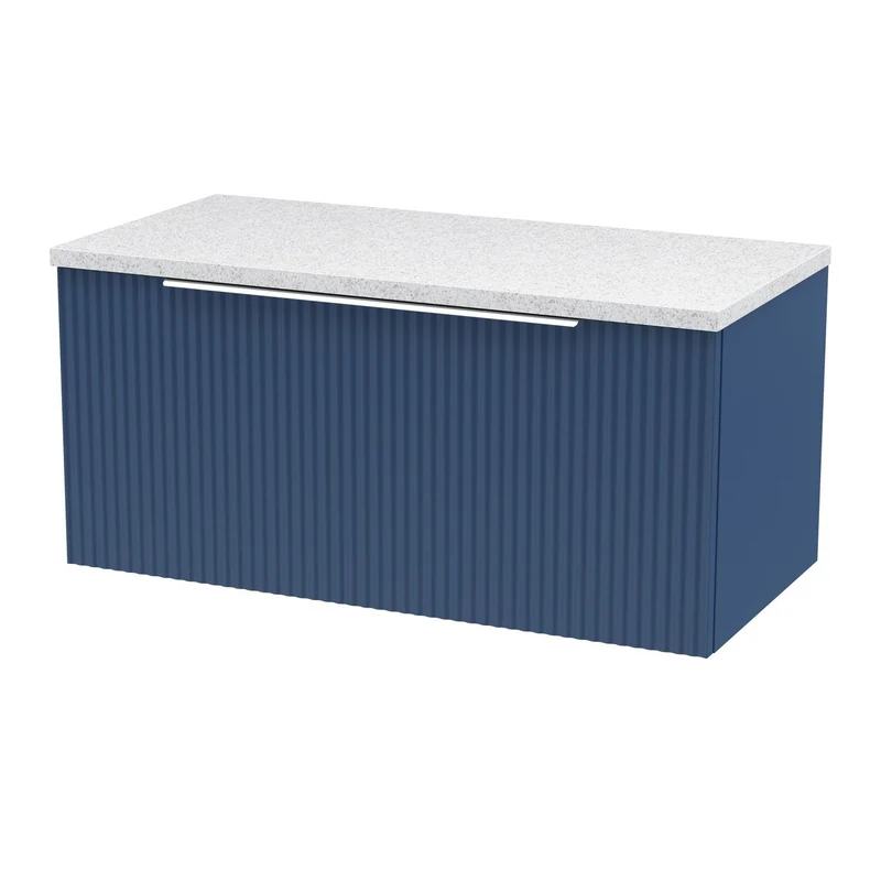 Hudson Reed Fluted Wall Hung 800mm Vanity Unit With 1 Drawer & Worktop - Satin Blue