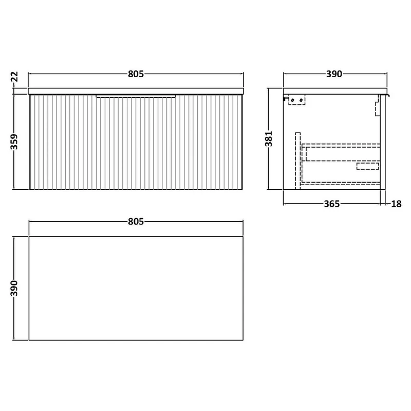 Hudson Reed Fluted Wall Hung 800mm Vanity Unit With 1 Drawer & Worktop - Satin Grey
