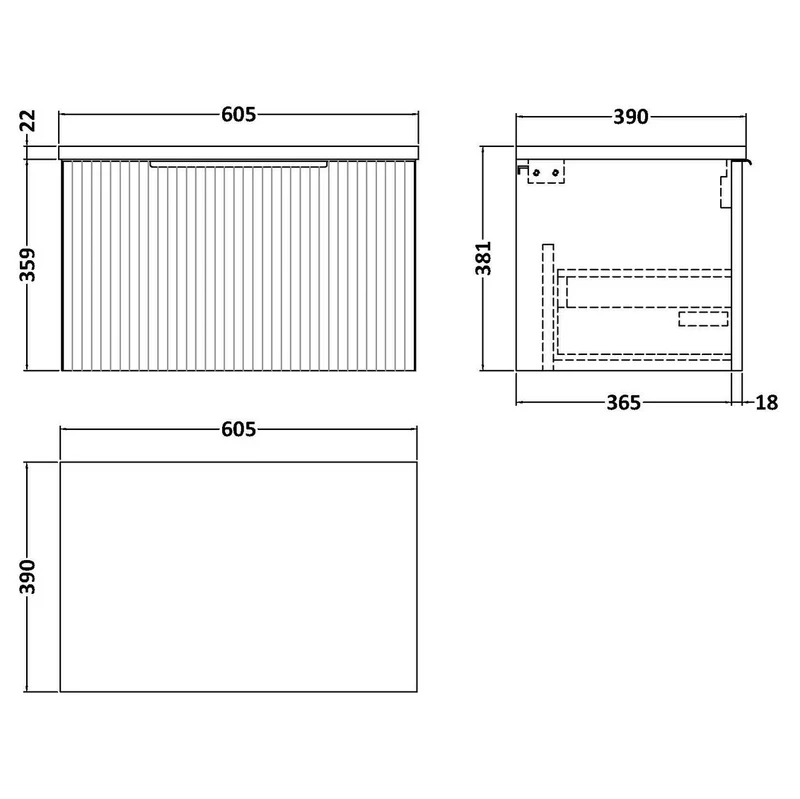 Hudson Reed Fluted Wall Hung 600mm Vanity Unit With 1 Drawer & Worktop - Satin Green