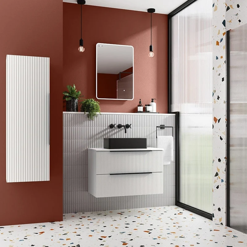 Hudson Reed Fluted Wall Hung 600mm Vanity Unit With 1 Drawer & Worktop - Satin White