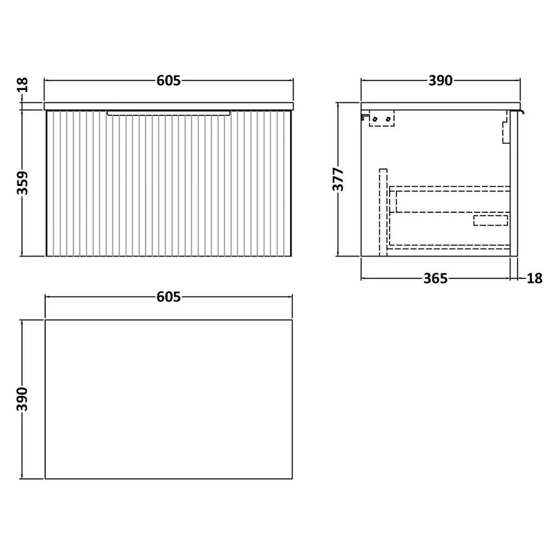 Hudson Reed Fluted Wall Hung 600mm Vanity Unit With 1 Drawer & Worktop - Satin White