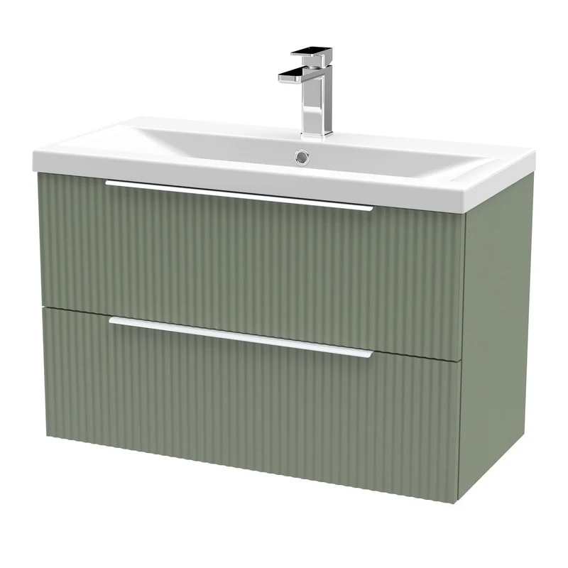 Hudson Reed Fluted Wall Hung 800mm Vanity Unit With 2 Drawers & Ceramic Basin - Satin Green