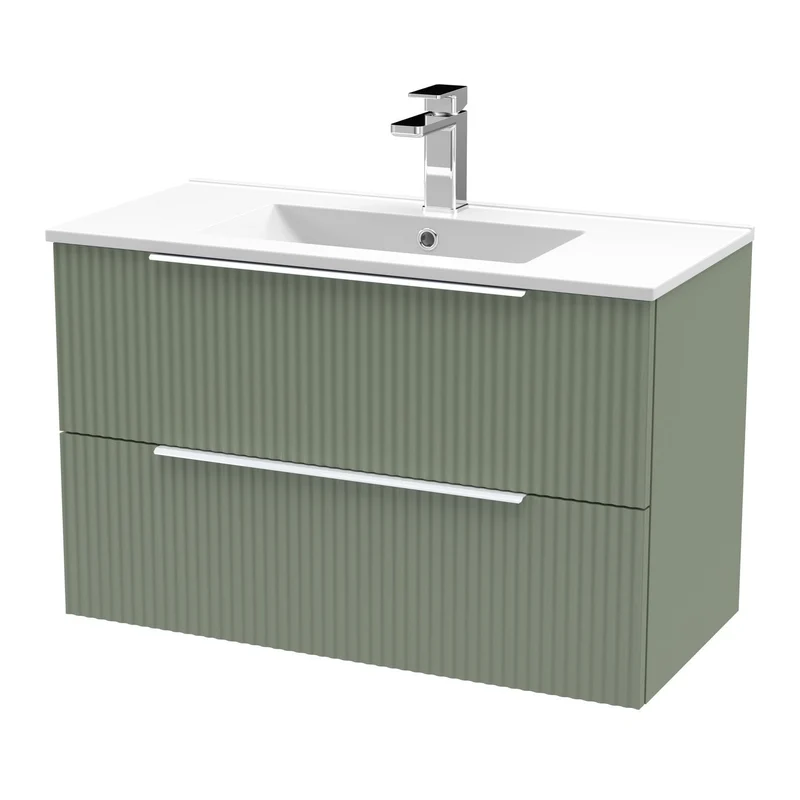 Hudson Reed Fluted Wall Hung 800mm Vanity Unit With 2 Drawers & Ceramic Basin - Satin Green