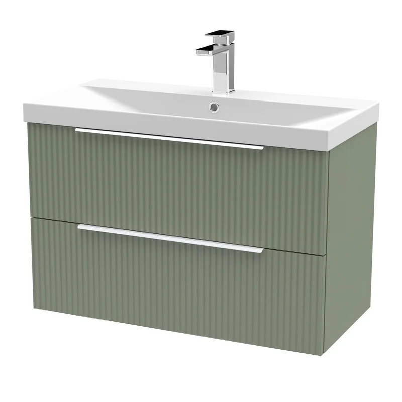 Hudson Reed Fluted Wall Hung 800mm Vanity Unit With 2 Drawers & Ceramic Basin - Satin Green