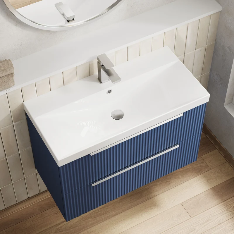 Hudson Reed Fluted Wall Hung 800mm Vanity Unit With 2 Drawers & Ceramic Basin - Satin Blue