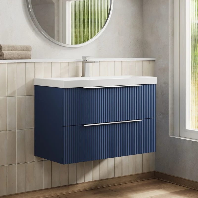 Hudson Reed Fluted Wall Hung 800mm Vanity Unit With 2 Drawers & Ceramic Basin - Satin Blue