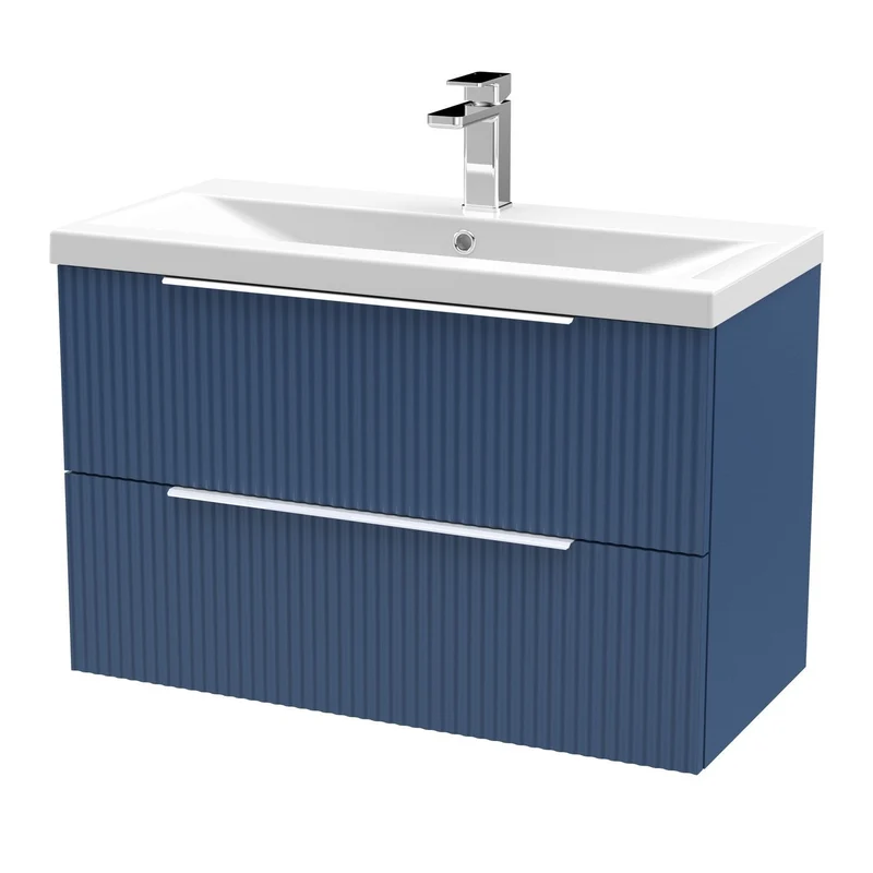 Hudson Reed Fluted Wall Hung 800mm Vanity Unit With 2 Drawers & Ceramic Basin - Satin Blue