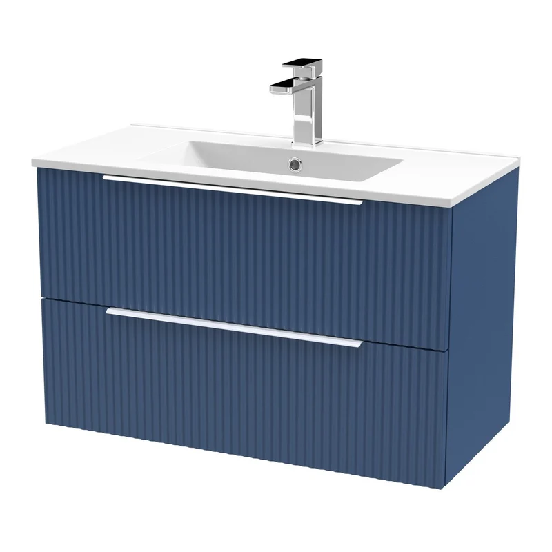 Hudson Reed Fluted Wall Hung 800mm Vanity Unit With 2 Drawers & Ceramic Basin - Satin Blue