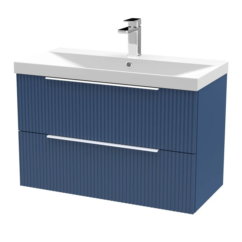 Hudson Reed Fluted Wall Hung 800mm Vanity Unit With 2 Drawers & Ceramic Basin - Satin Blue