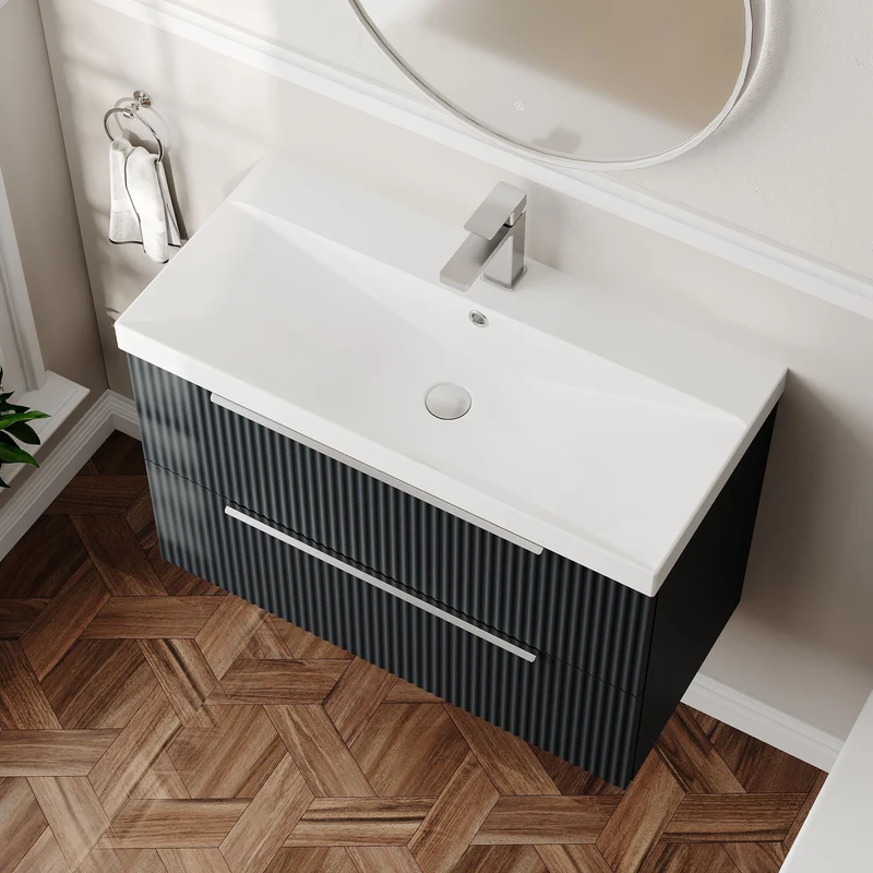 Hudson Reed Fluted Wall Hung 800mm Vanity Unit With 2 Drawers & Ceramic Basin - Satin Anthracite