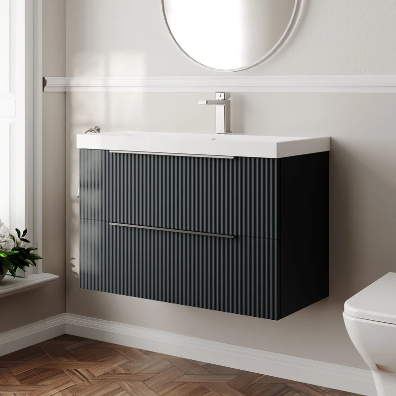 Hudson Reed Fluted Wall Hung 800mm Vanity Unit With 2 Drawers & Ceramic Basin - Satin Anthracite