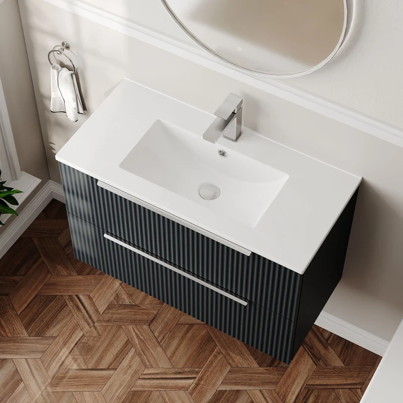 Hudson Reed Fluted Wall Hung 800mm Vanity Unit With 2 Drawers & Ceramic Basin - Satin Anthracite