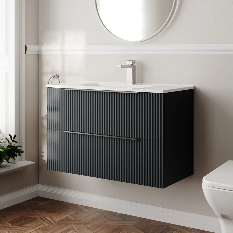 Hudson Reed Fluted Wall Hung 800mm Vanity Unit With 2 Drawers & Ceramic Basin - Satin Anthracite