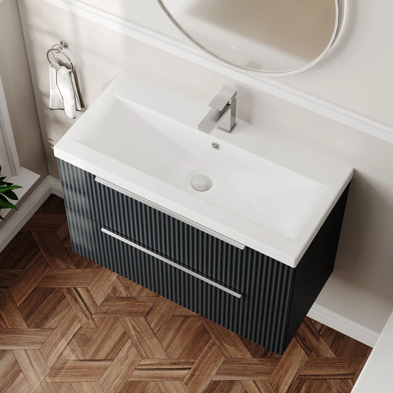 Hudson Reed Fluted Wall Hung 800mm Vanity Unit With 2 Drawers & Ceramic Basin - Satin Anthracite