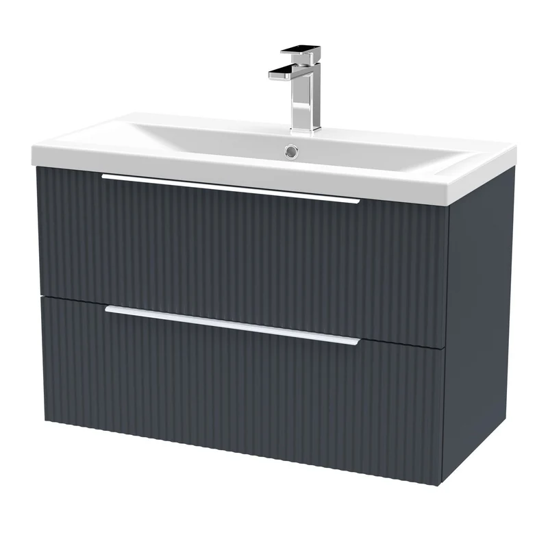 Hudson Reed Fluted Wall Hung 800mm Vanity Unit With 2 Drawers & Ceramic Basin - Satin Anthracite