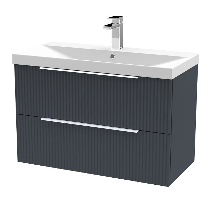 Hudson Reed Fluted Wall Hung 800mm Vanity Unit With 2 Drawers & Ceramic Basin - Satin Anthracite