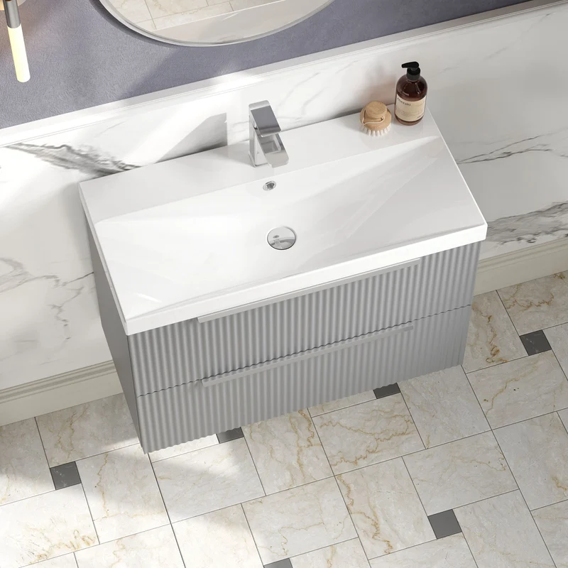 Hudson Reed Fluted Wall Hung 800mm Vanity Unit With 2 Drawers & Ceramic Basin - Satin Grey