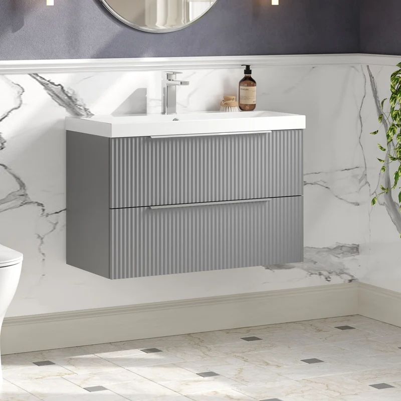 Hudson Reed Fluted Wall Hung 800mm Vanity Unit With 2 Drawers & Ceramic Basin - Satin Grey