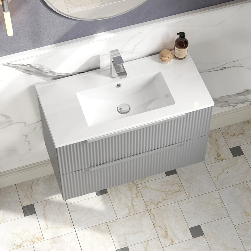 Hudson Reed Fluted Wall Hung 800mm Vanity Unit With 2 Drawers & Ceramic Basin - Satin Grey