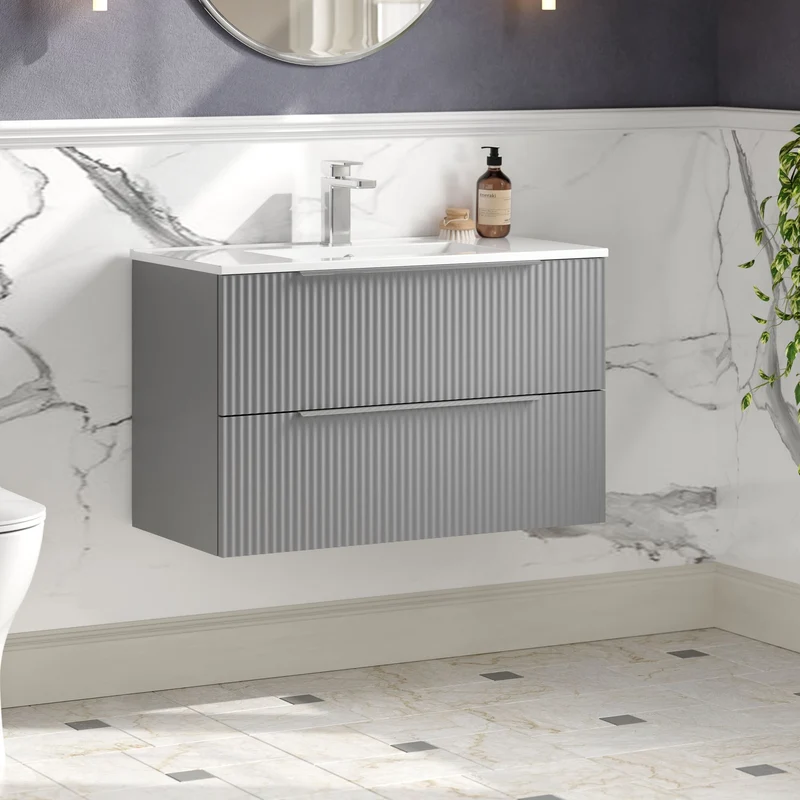 Hudson Reed Fluted Wall Hung 800mm Vanity Unit With 2 Drawers & Ceramic Basin - Satin Grey
