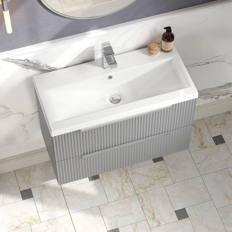 Hudson Reed Fluted Wall Hung 800mm Vanity Unit With 2 Drawers & Ceramic Basin - Satin Grey