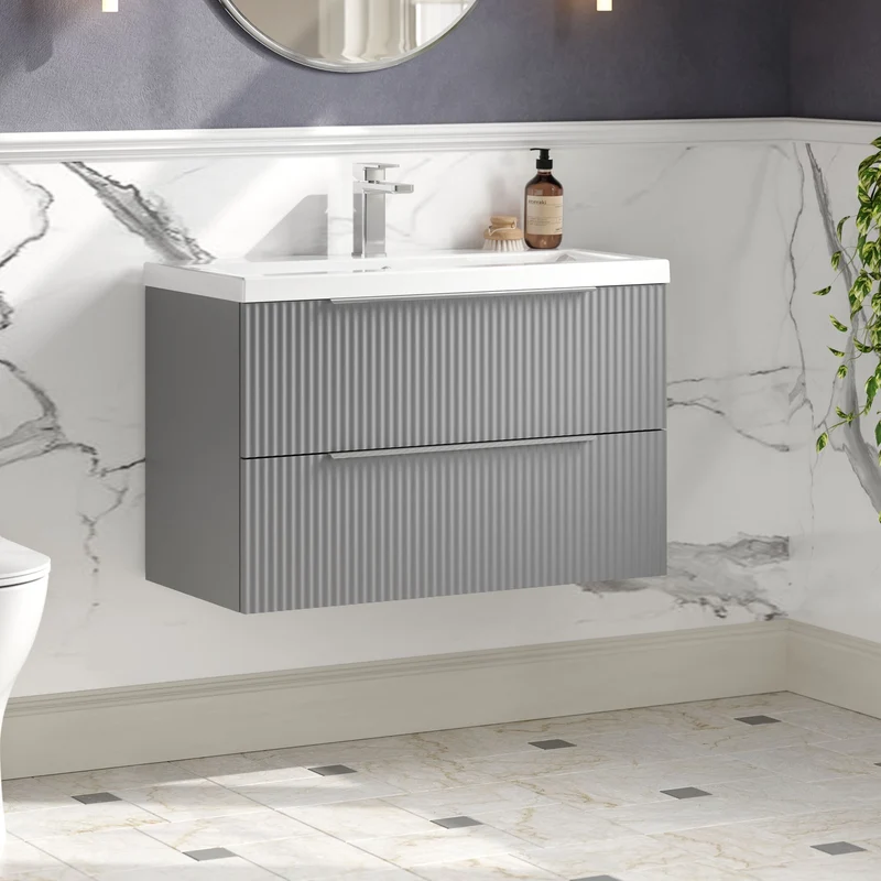 Hudson Reed Fluted Wall Hung 800mm Vanity Unit With 2 Drawers & Ceramic Basin - Satin Grey