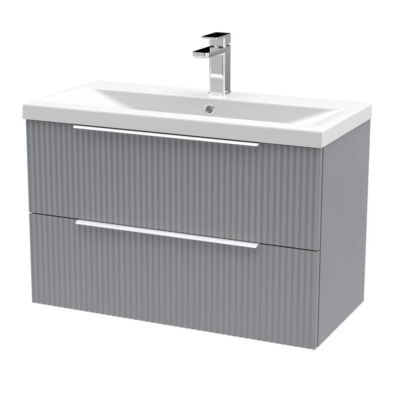 Hudson Reed Fluted Wall Hung 800mm Vanity Unit With 2 Drawers & Ceramic Basin - Satin Grey