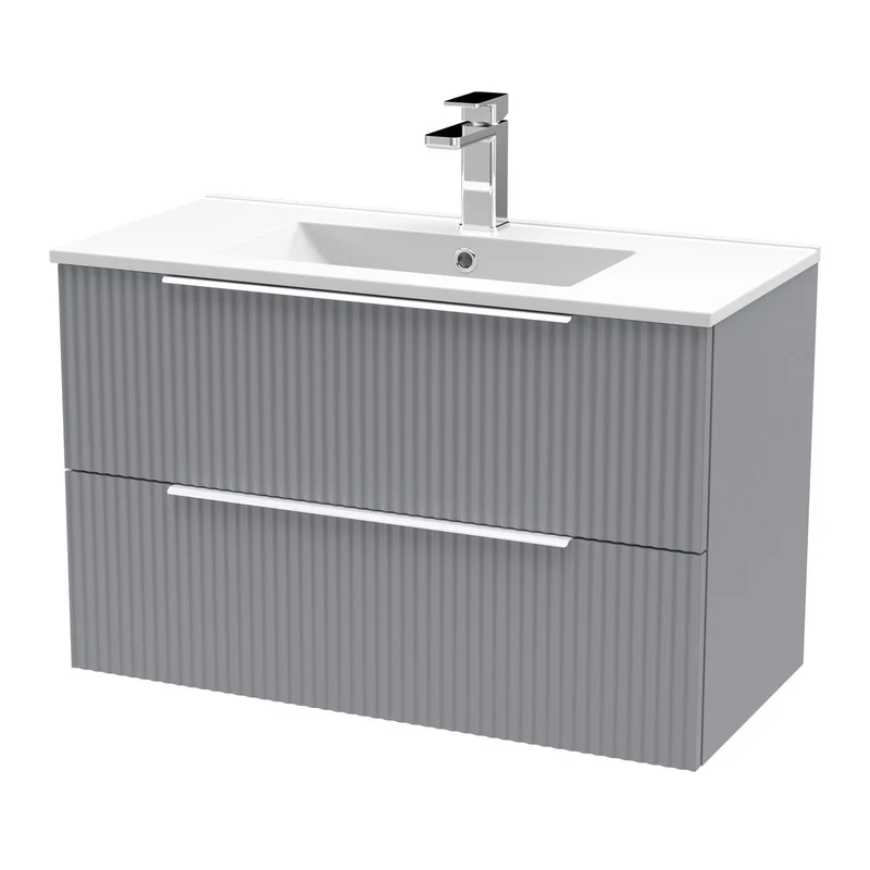 Hudson Reed Fluted Wall Hung 800mm Vanity Unit With 2 Drawers & Ceramic Basin - Satin Grey