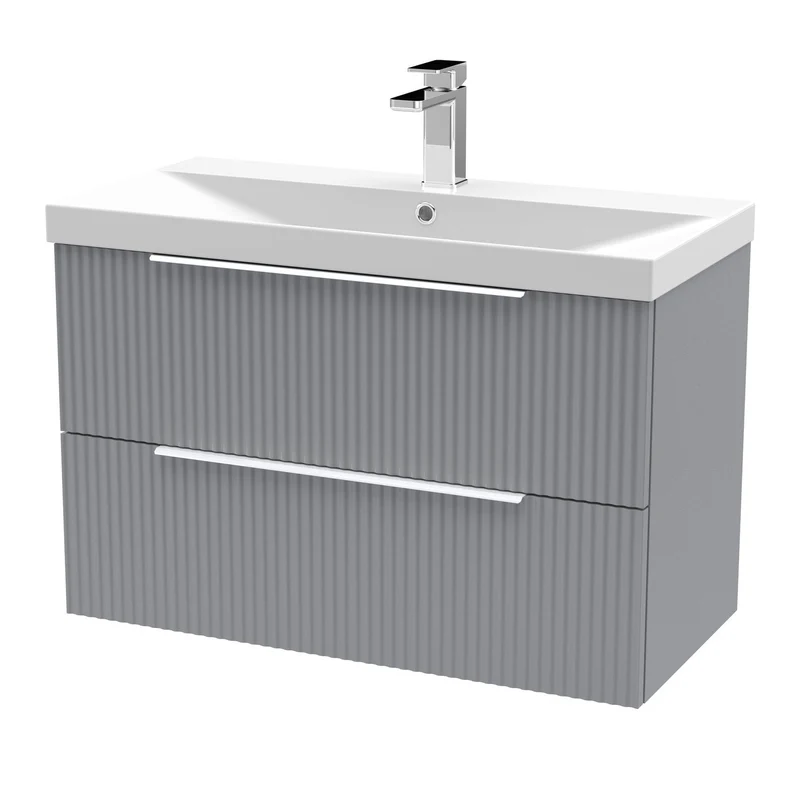 Hudson Reed Fluted Wall Hung 800mm Vanity Unit With 2 Drawers & Ceramic Basin - Satin Grey