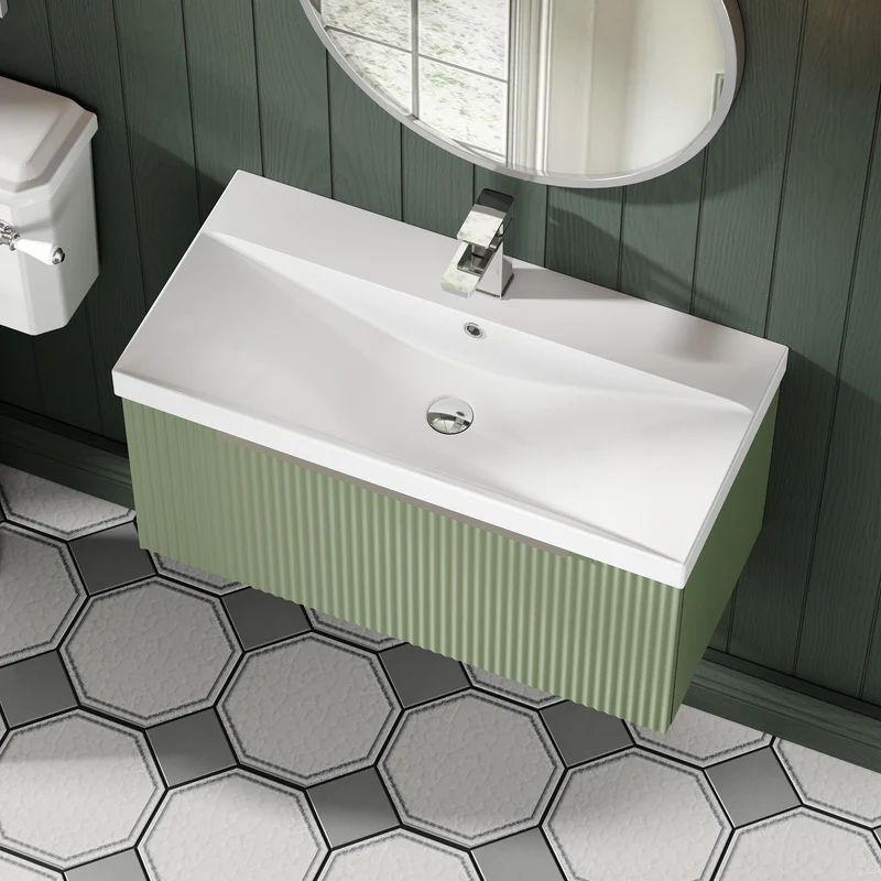 Hudson Reed Fluted Wall Hung 800mm Vanity Unit With 1 Drawer & Ceramic Basin - Satin Green