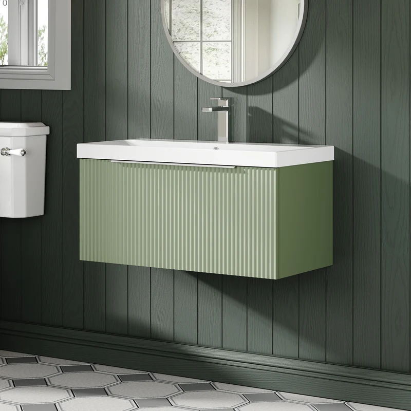 Hudson Reed Fluted Wall Hung 800mm Vanity Unit With 1 Drawer & Ceramic Basin - Satin Green