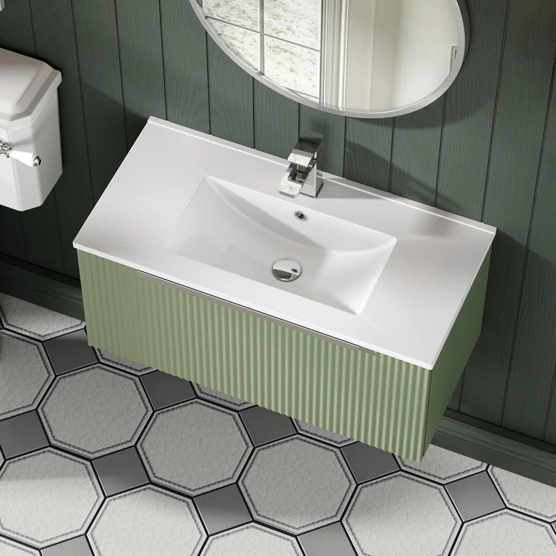 Hudson Reed Fluted Wall Hung 800mm Vanity Unit With 1 Drawer & Ceramic Basin - Satin Green